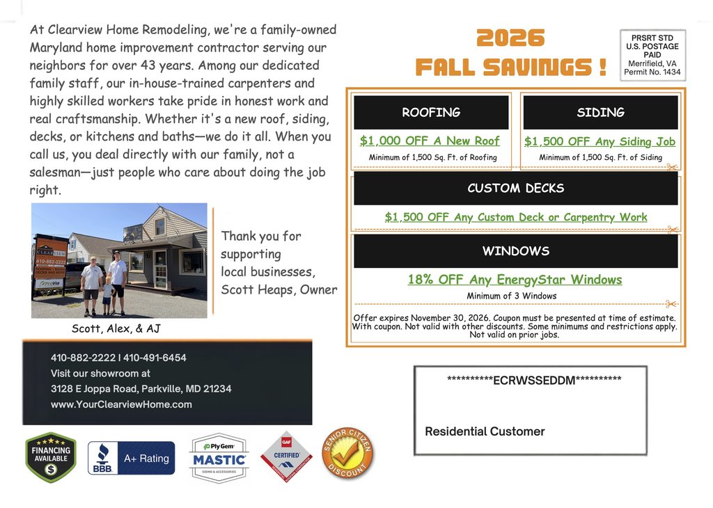 Fall Home Improvement Savings from Clearview Home Remodeling 2 Clearview EDDM 2